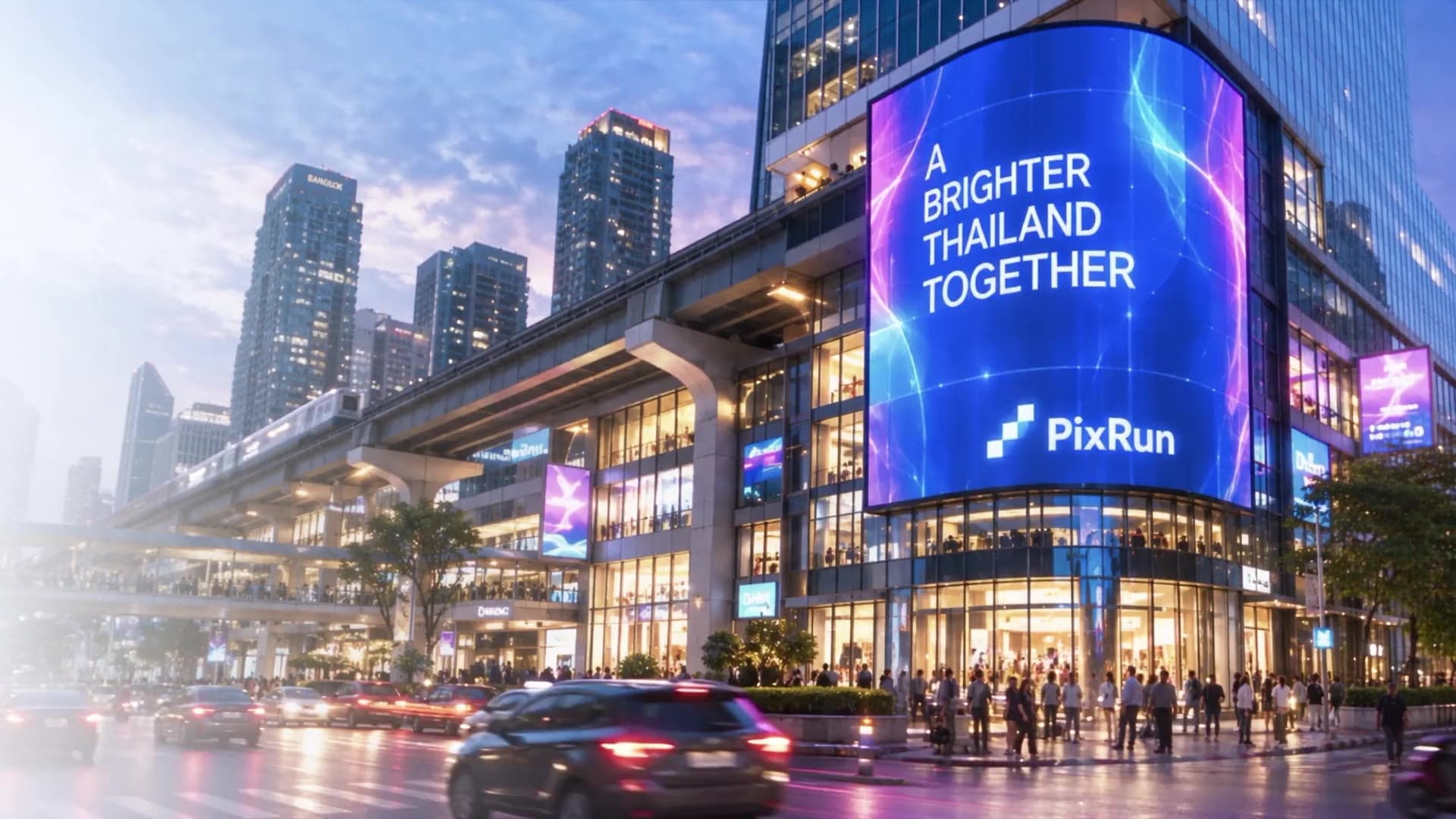 ภาพแนวคิดจอ LED PixRun บนตึกหัวมุมในเมือง