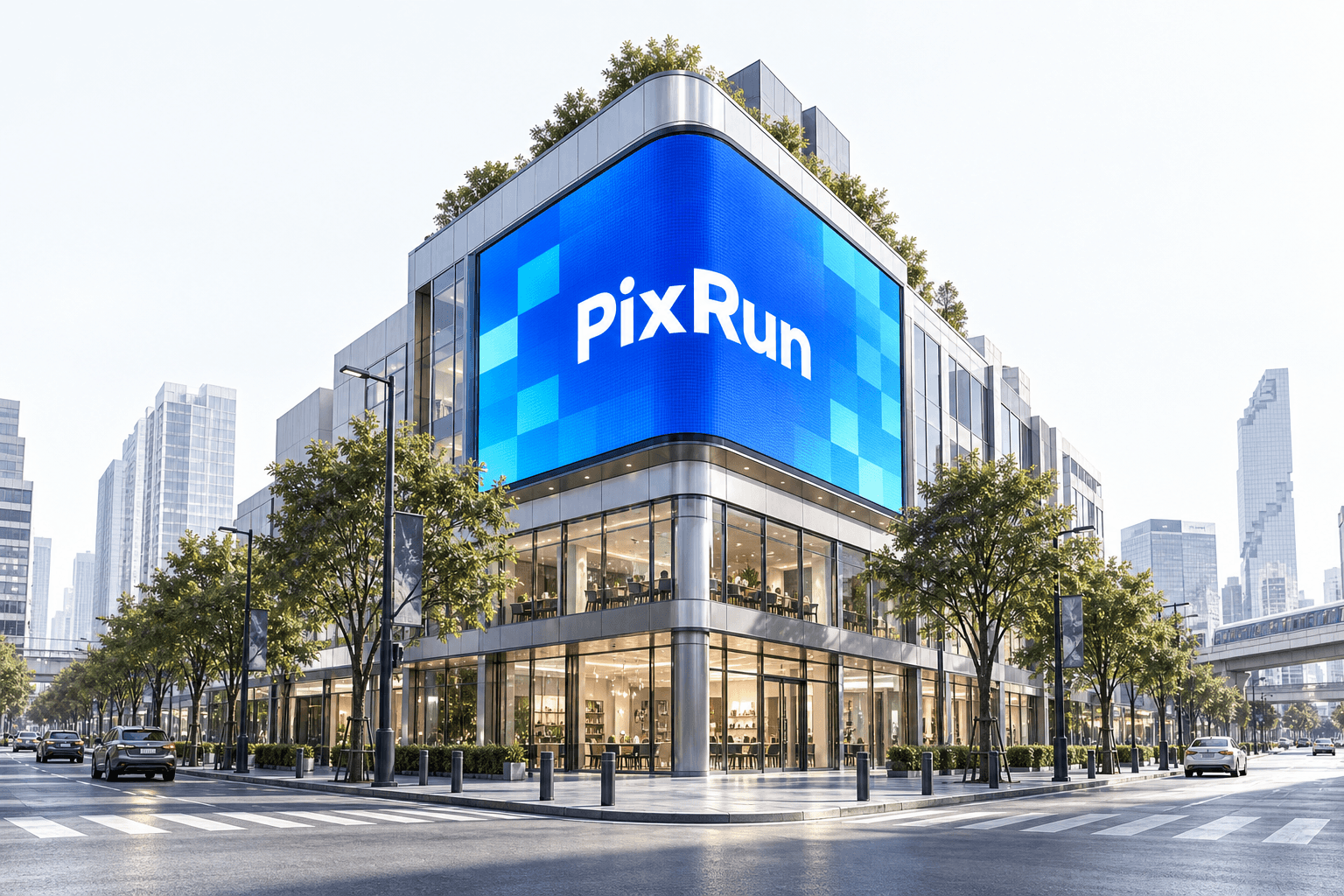 ภาพจำลองสถาปัตยกรรมแสดงป้ายดิจิทัล PixRun บนอาคารหัวมุมเมือง